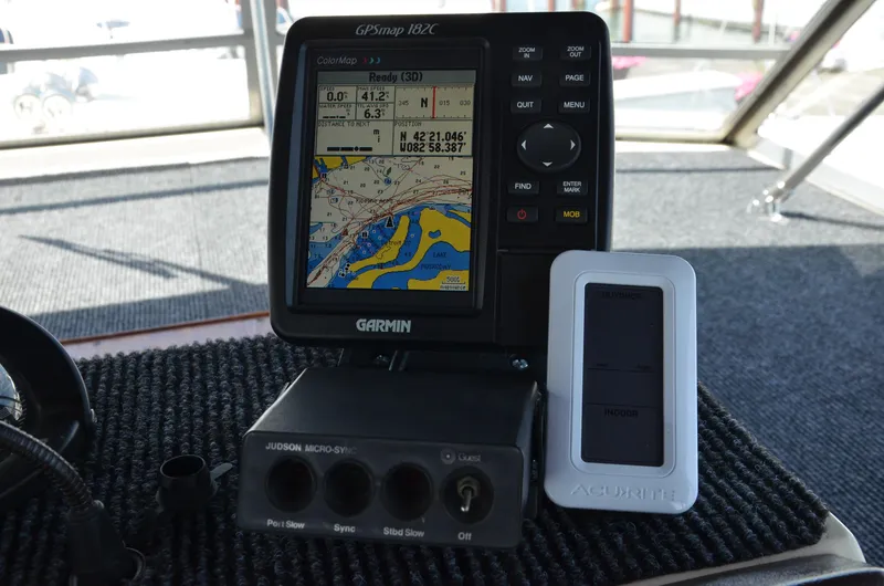 Slide: The Image of Garmin GPS setup on 1984 Chris-Craft 381 Catalina boat dashboard. - 16