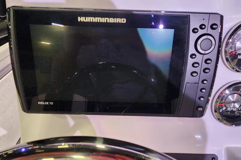 Slide: The Image of Humminbird Helix 10 fishfinder on 2023 Vexus AVX2180CC boat dashboard. - 5