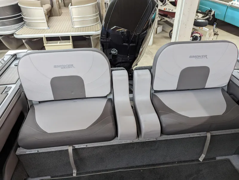 Slide: The Image of 2023 Smoker Craft Pro Angler XL 182 boat seats in gray and white. - 3