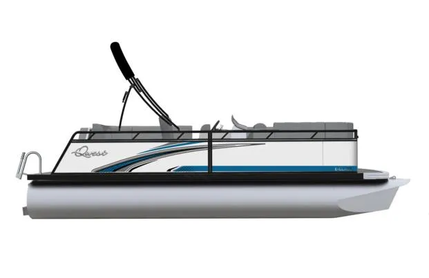 Slide: The Image of 2023 Qwest 820 Lanai L pontoon boat, side view, white and blue design. - 14