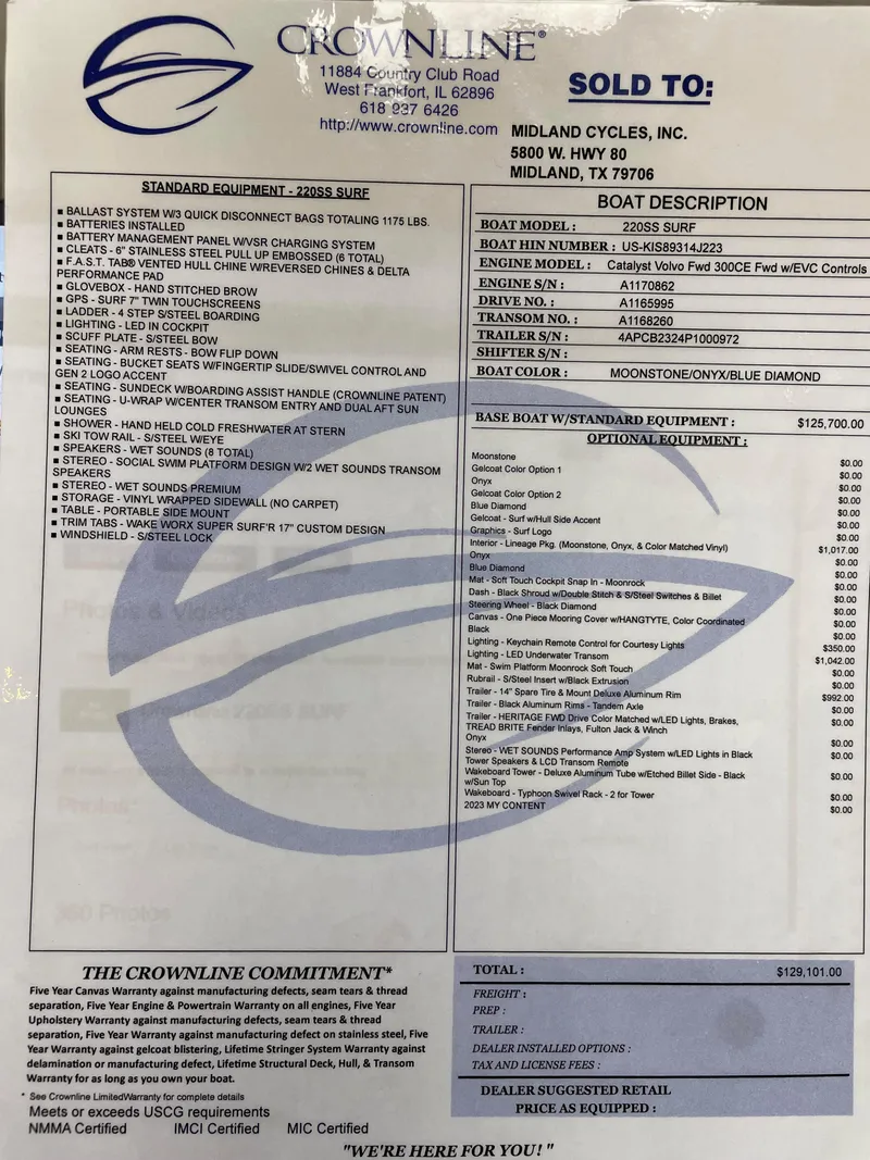 Slide: The Image of Crownline 220SS SURF 2023 boat specification sheet with pricing and equipment details. - 2