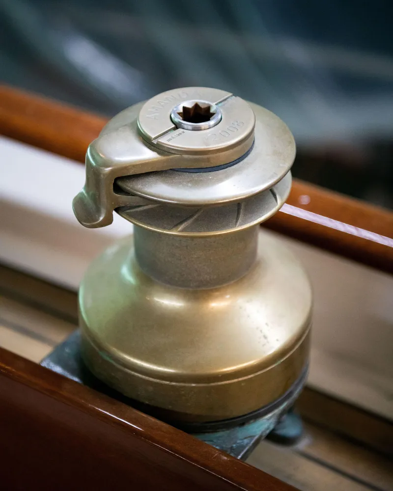 Slide: The Image of Bronze winch on 2008 Custom Frank Paine Sloop, detailed craftsmanship. - 18