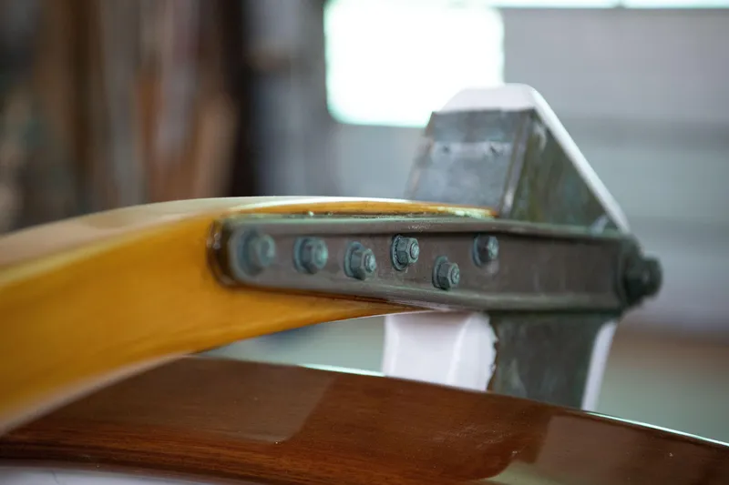 Slide: The Image of Close-up of a 2008 Custom Frank Paine Sloop's wooden and metal joint detail. - 43