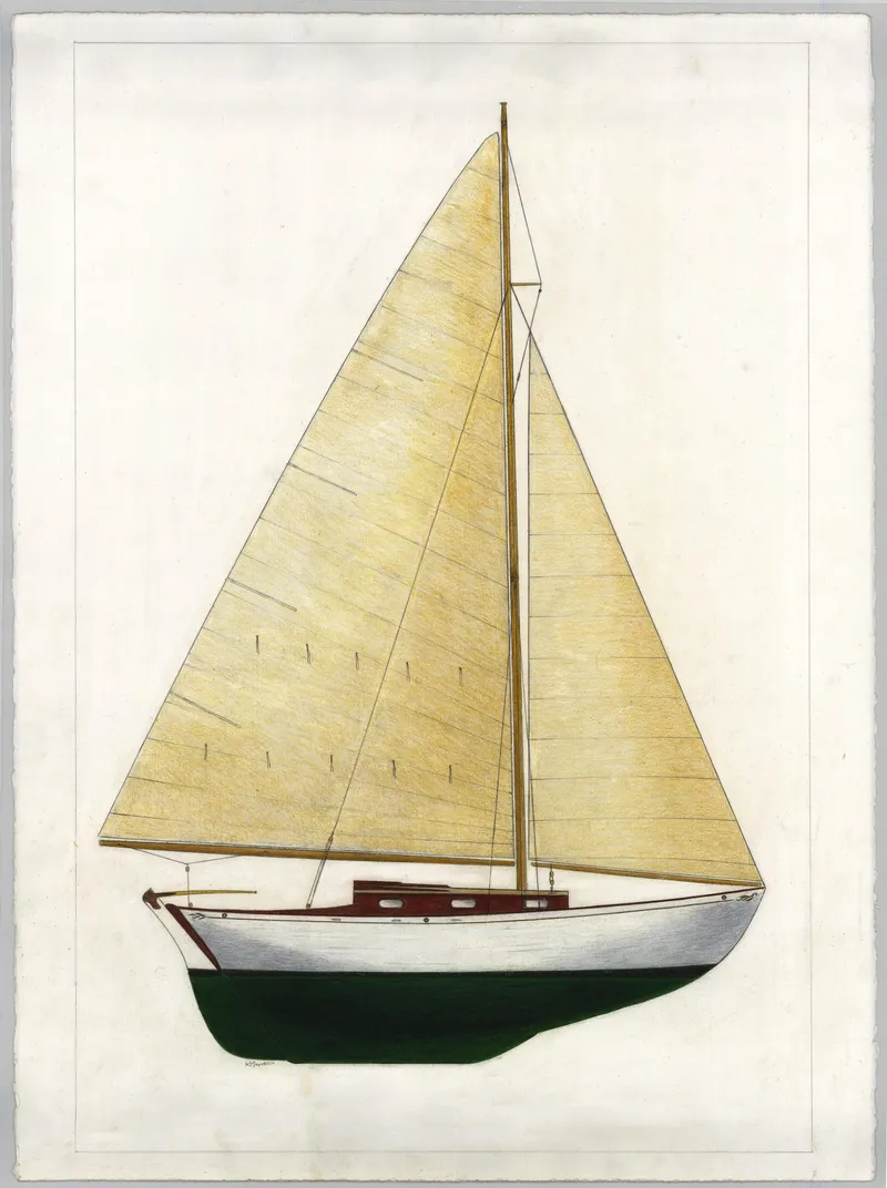 Slide: The Image of Illustration of a 2008 Custom Frank Paine Sloop with beige sails and green hull. - 7