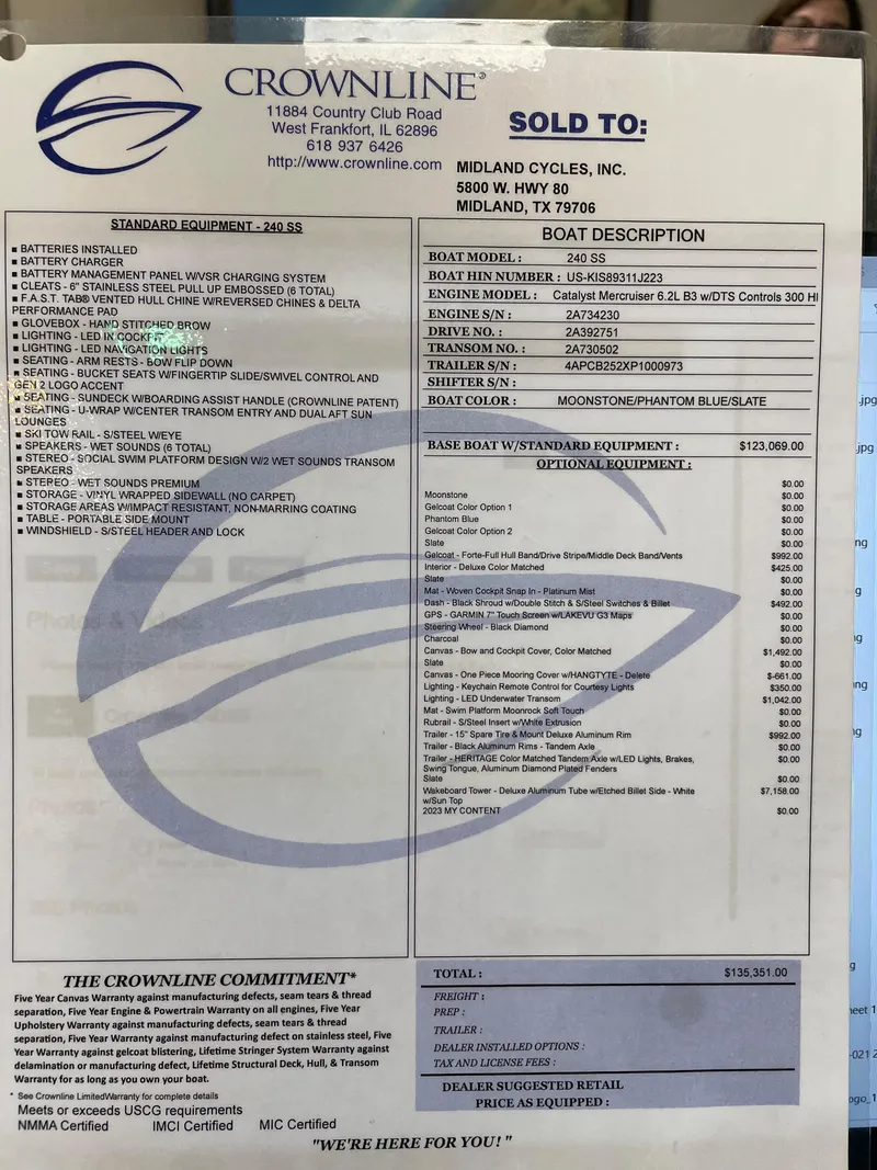 Slide: The Image of Crownline 240SS 2023 boat description and equipment list. - 2