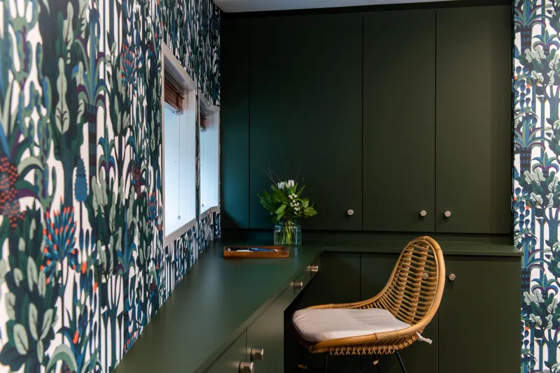 Slide: The Image of Interior with green cabinets and patterned wallpaper, Damen YS 4508, 2019. - 18