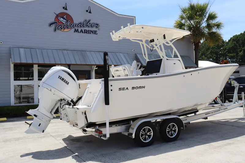 Slide: The Image of 2023 Sea Born SX239 Offshore boat on trailer at Tailwalker Marine dealership. - 3