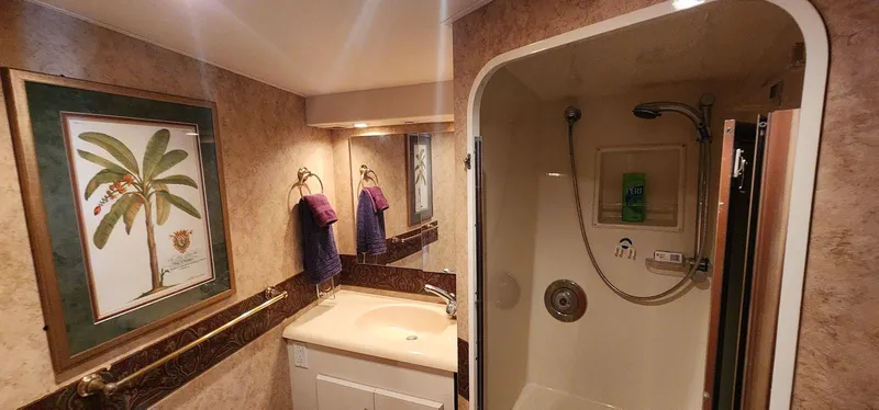 Slide: The Image of Bathroom interior of 2000 Viking 55 Convertible yacht with shower and palm tree artwork. - 15