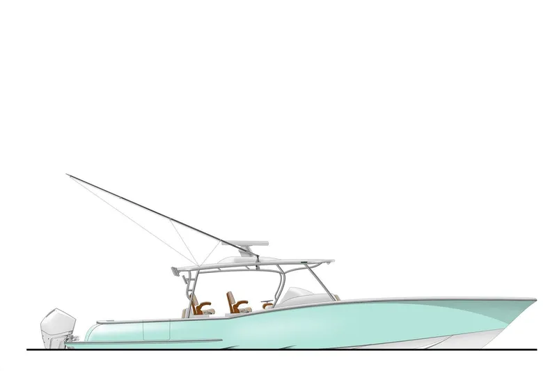 Slide: The Image of 2025 Mag Bay 43 Center Console boat side view, sleek design, light blue hull. - 5