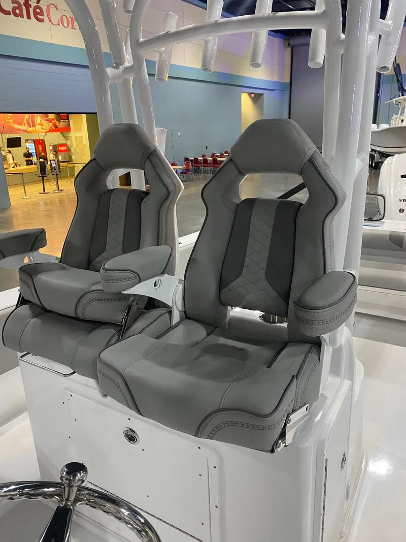 Slide: The Image of 2022 Cape Horn 34 XS boat seats, gray upholstery, modern design. - 10