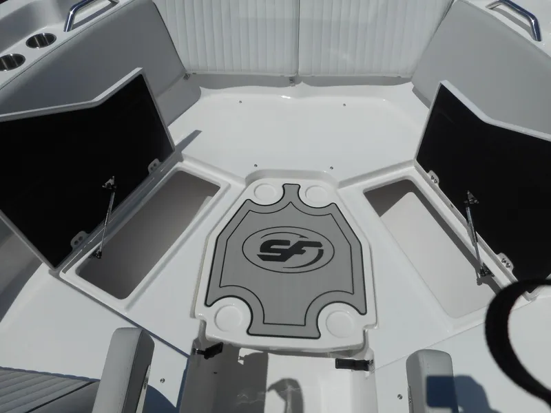 Slide: The Image of 2023 Sea Fox 268 Traveler boat interior with storage compartments open. - 23