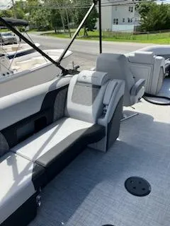 Slide: The Image of 2023 Vanderbilt 700T boat interior with gray seating and modern design. - 19