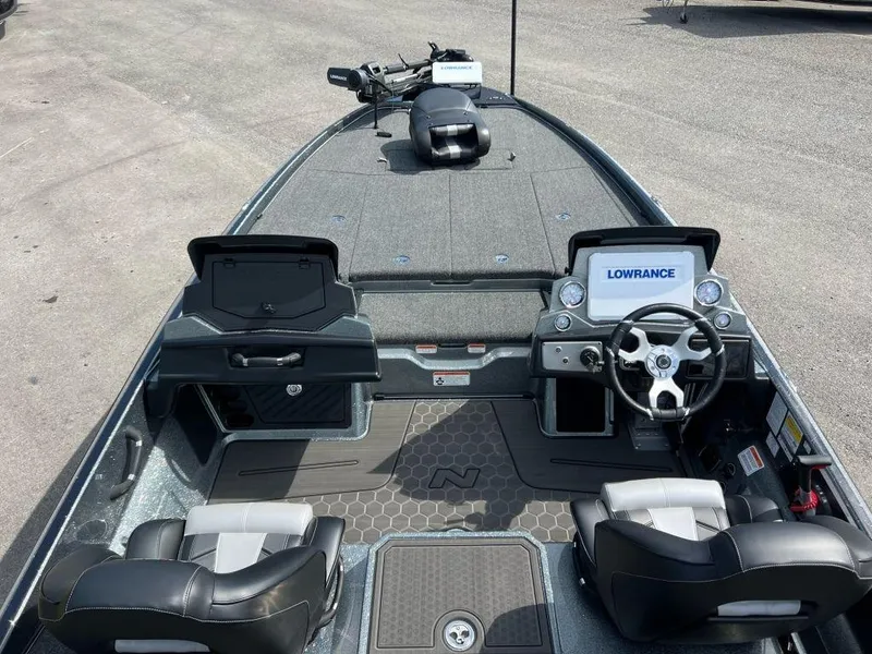 Slide: The Image of 2023 Nitro Z21 XL Pro boat interior with Lowrance electronics and dual seating. - 4