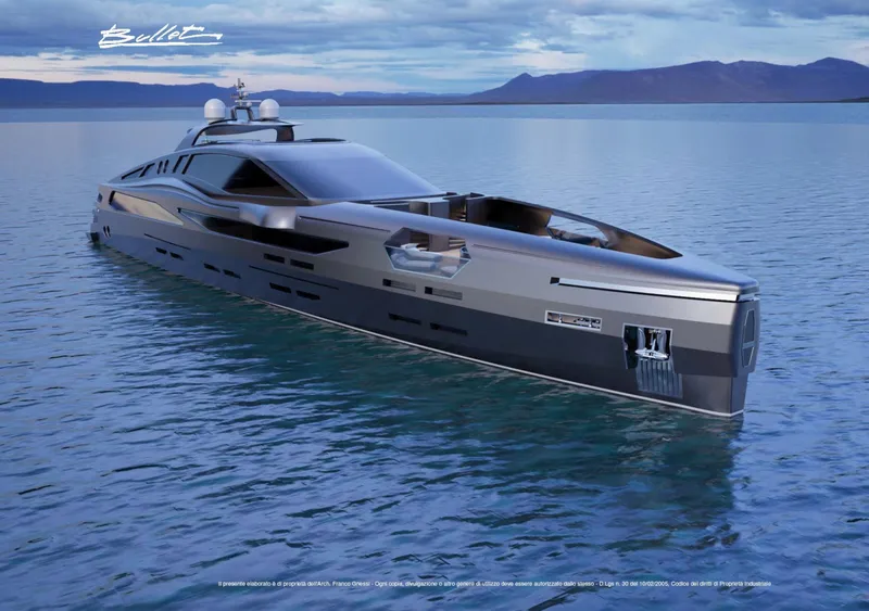 Slide: The Image of Luxurious 2025 Franco Gnessi DYD YH BULLET yacht on serene water with mountainous backdrop. - 3