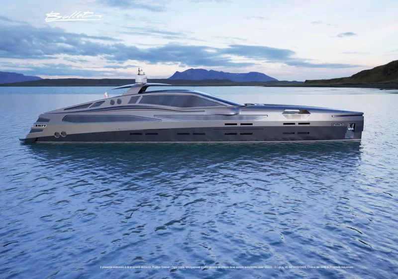 Slide: The Image of Luxury yacht Franco Gnessi DYD YH BULLET 2025 on serene water with scenic backdrop. - 4