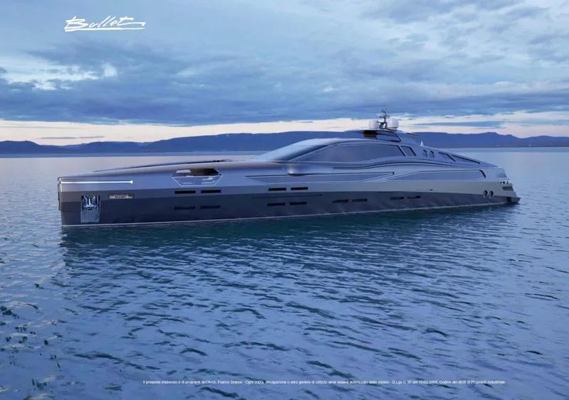 Slide: The Image of Luxurious 2025 Franco Gnessi DYD YH BULLET yacht on serene water under cloudy sky. - 5