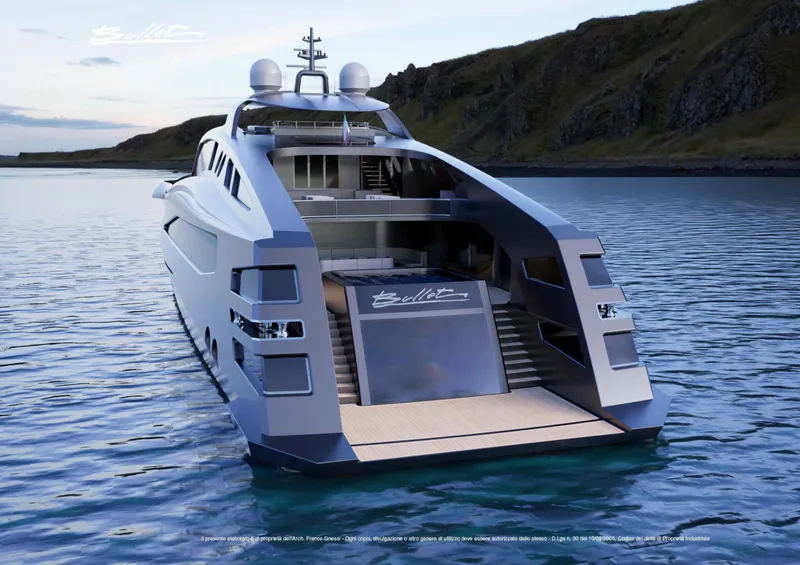 Slide: The Image of Luxury yacht "Franco Gnessi DYD YH BULLET" 2025 model, sleek design, anchored in serene waters. - 6