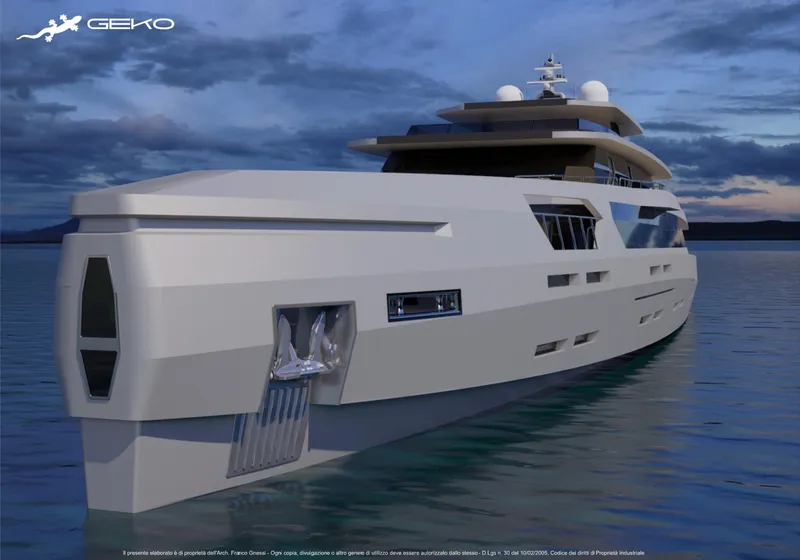 Slide: The Image of Luxurious 2024 Franco Gnessi DYD YH GEKO yacht on serene water at sunset. - 2