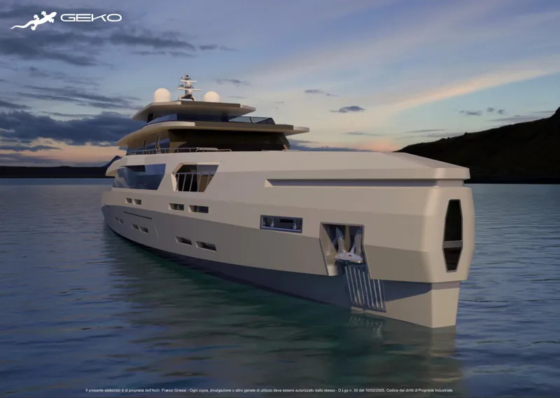 Slide: The Image of Luxurious 2024 Franco Gnessi DYD YH GEKO yacht on serene water at sunset. - 5