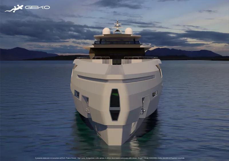 Slide: The Image of Front view of 2024 Franco Gnessi DYD YH GEKO yacht on calm water at sunset. - 6