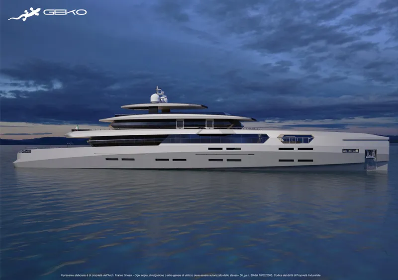 Slide: The Image of Luxurious 2024 Franco Gnessi DYD YH GEKO yacht on calm waters at dusk. - 4