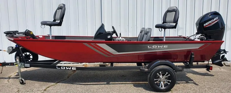 Slide: The Image of 2023 Lowe Skorpion 17 fishing boat with Mercury outboard motor on trailer. - 0