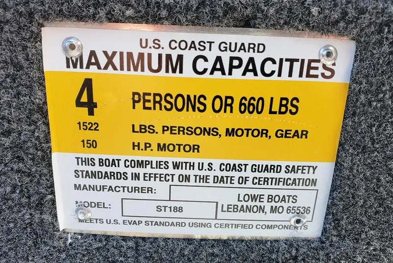 Slide: The Image of 2023 Lowe Stinger 188 capacity plate: 4 persons or 660 lbs, 150 HP motor. - 17