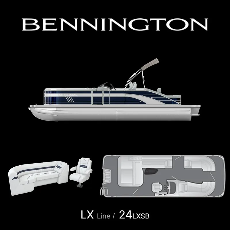 Slide: The Image of 2023 Bennington 24 LXSB pontoon boat with interior layout and seating design. - 10