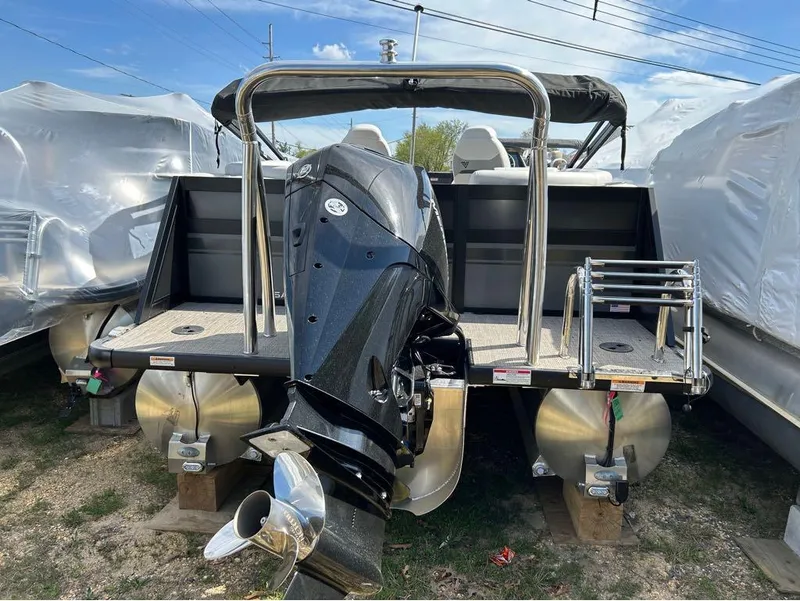 Slide: The Image of 2023 Viaggio D23U pontoon boat with powerful outboard motor, rear view. - 8