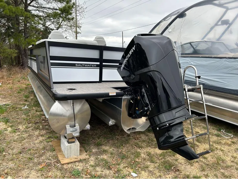 Slide: The Image of 2023 Viaggio D23U pontoon boat with Mercury outboard motor on display. - 14