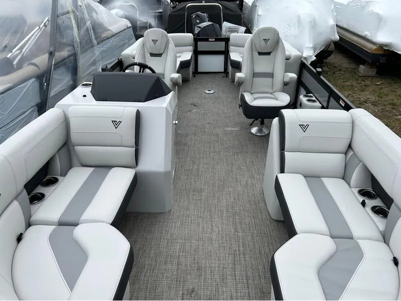 Slide: The Image of 2023 Viaggio D23U pontoon boat interior with luxurious seating and modern design. - 17