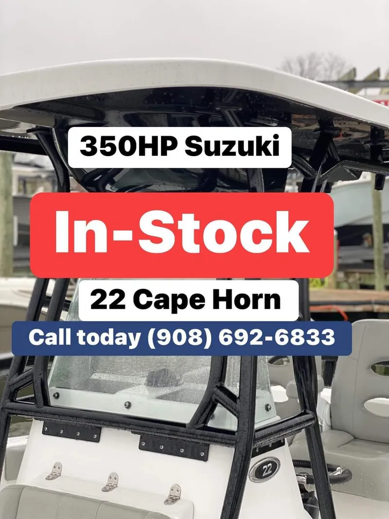 Slide: The Image of 2024 Cape Horn 22 OS boat with 350HP Suzuki engine, in-stock, call (908) 692-6833. - 1