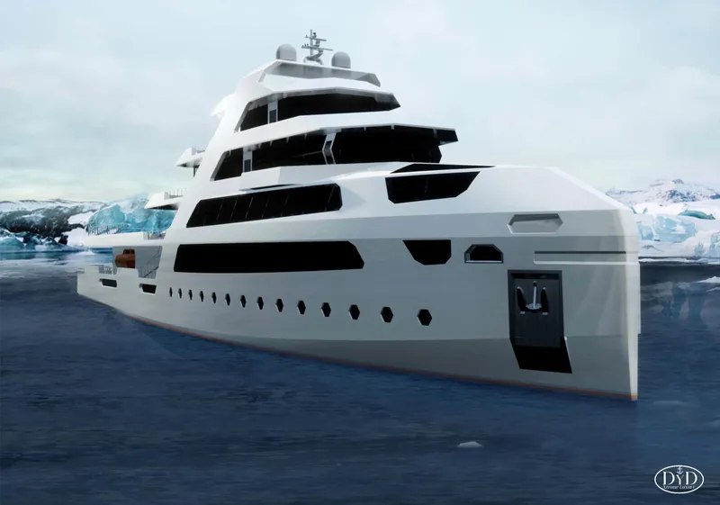 Slide: The Image of Futuristic 2025 Franco Gnessi DYD YH NAUTILUS yacht navigating icy waters. - 2