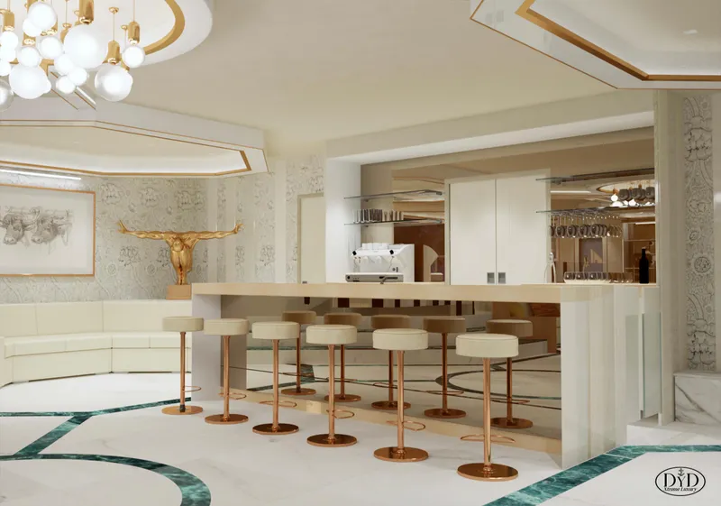 Slide: The Image of Luxurious modern bar interior with elegant stools and gold accents, designed by Franco Gnessi DYD YH NAUTILUS. - 5
