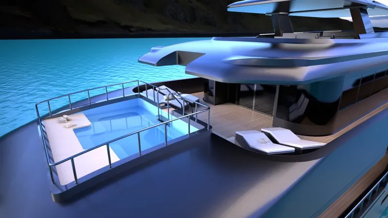 Slide: The Image of Luxurious 2025 Franco Gnessi yacht with pool, sleek design, and modern amenities on tranquil water. - 10