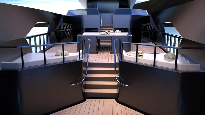 Slide: The Image of Luxurious yacht interior with modern design, featuring sleek seating and elegant stairs, 2025 model. - 3
