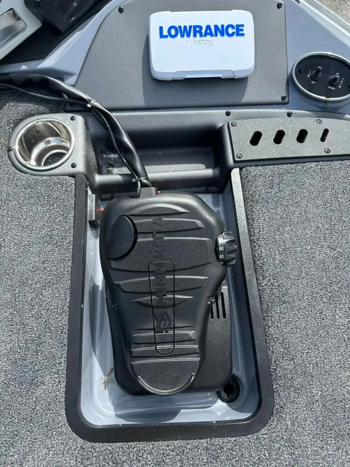 Slide: The Image of 2024 Triton 179 TrX boat console with Lowrance electronics and foot pedal. - 3