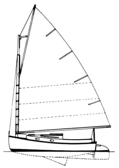 Slide: The Image of Line drawing of a 1977 Marshall 22 sailboat, featuring a single mast and sail. - 20