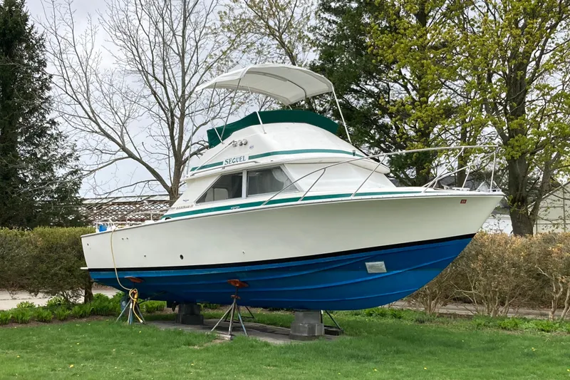 The Image of 1975 Bertram 28 Flybridge boat on stands in a grassy yard. - 0