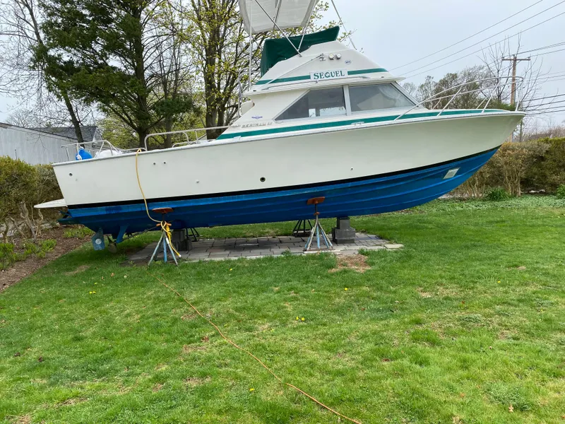 Slide: The Image of 1975 Bertram 28 Flybridge boat on stands in a grassy yard. - 10