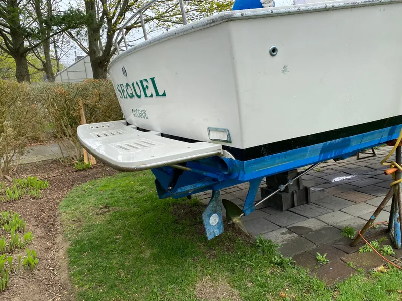 Slide: The Image of 1975 Bertram 28 Flybridge boat on land, rear view. - 11