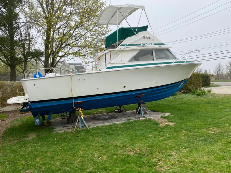 Slide: The Image of 1975 Bertram 28 Flybridge boat on stands in a grassy yard. - 34