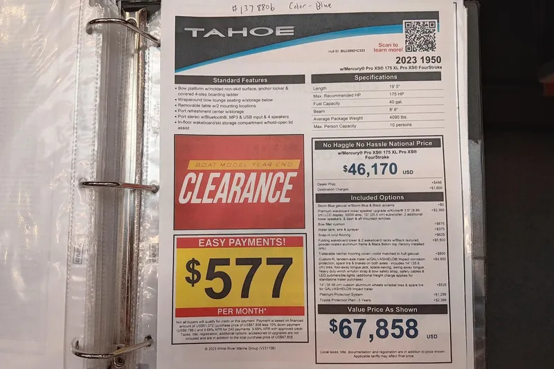 Slide: The Image of Tahoe 2023 model 1950 clearance sale sheet with pricing and specifications. - 9