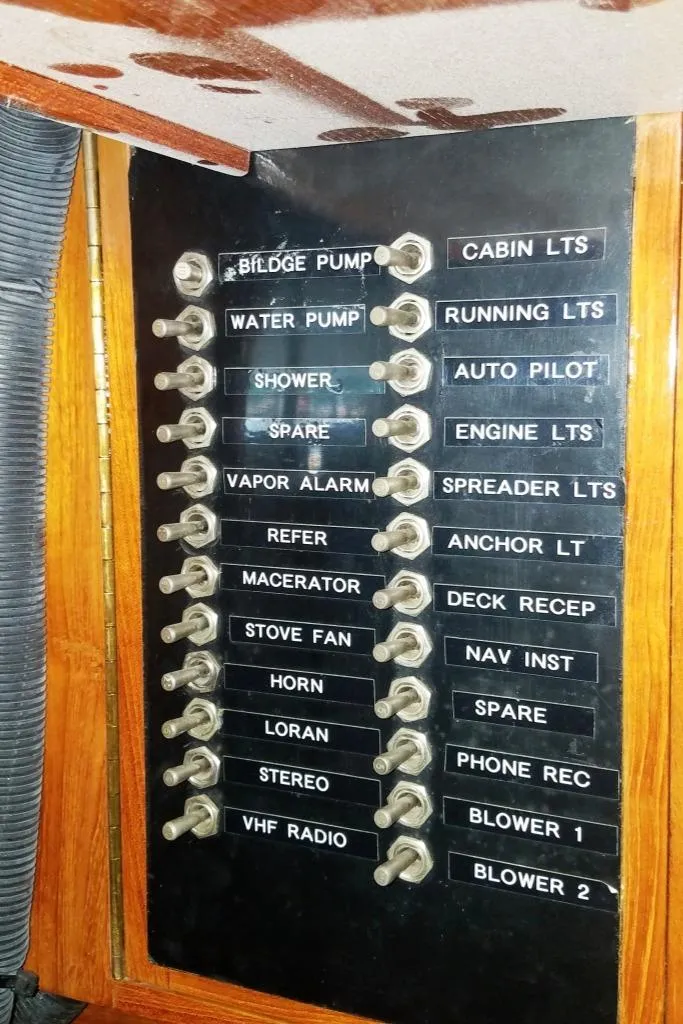 Slide: The Image of Control panel of a 1969 Allied Seabreeze 35 sailboat with labeled switches. - 26