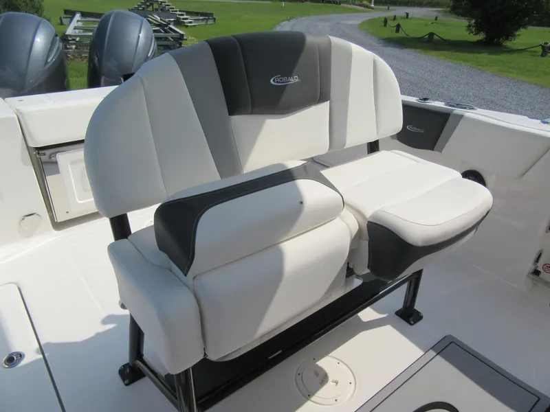 Slide: The Image of 2023 Robalo R250 CC boat with cushioned seating in white and gray. - 7