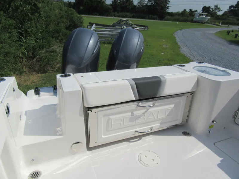Slide: The Image of 2023 Robalo R250 CC boat stern with twin outboard motors and storage compartment. - 8
