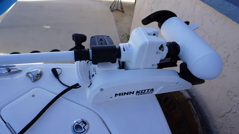 Slide: The Image of Minn Kota Terrova trolling motor on 2023 Everglades 243 CC boat deck. - 14