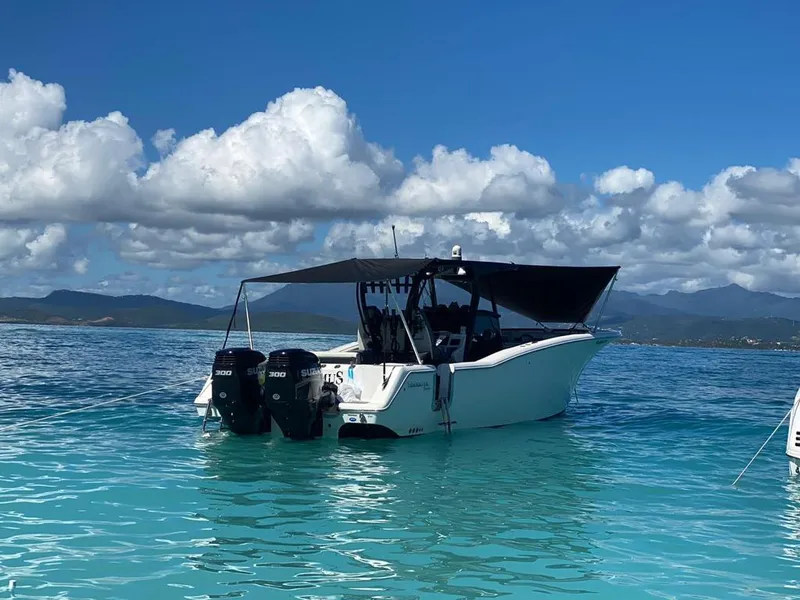 Slide: The Image of 2020 Tidewater 32 boat with dual outboard motors on clear blue water. - 8