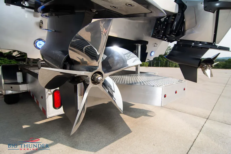 Slide: The Image of Close-up of 2025 Fountain 34 Thunder Cat boat propeller on trailer. - 10