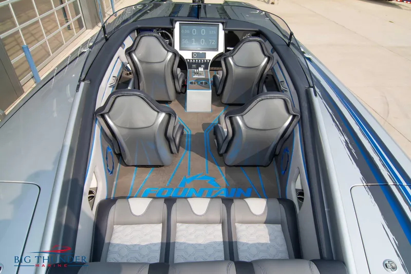 Slide: The Image of 2025 Fountain 34 Thunder Cat interior with four seats and modern dashboard. - 20
